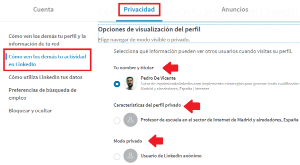 Linkedin Premium privacidad perfil