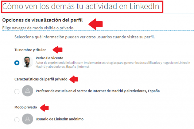 Opciones de visualización del Perfil