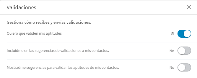 Configuración Aptitudes y Validaciones nuevo perfil Linkedin