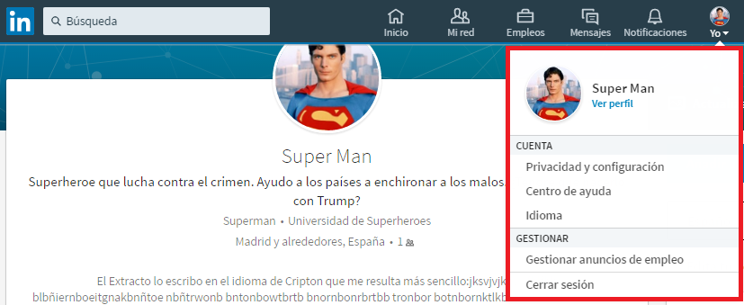 Configuración y centro de ayuda nuevo perfil Linkedin