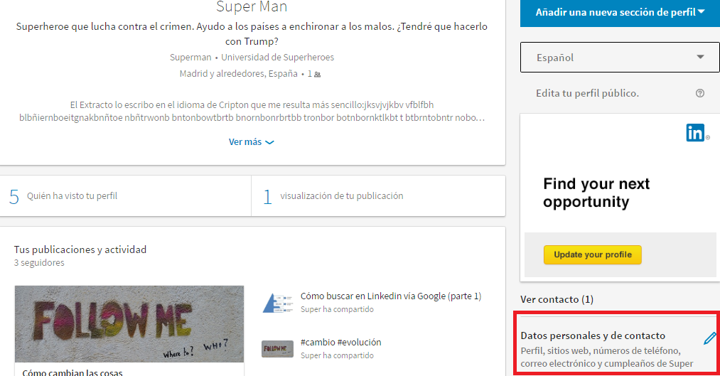 Datos personales nuevo perfil Linkedin
