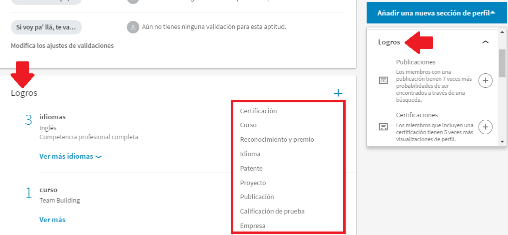 Sección Logros nuevo perfil Linkedin