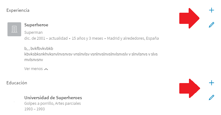 Secciones experiencia y Educación nuevo perfil Linkedin