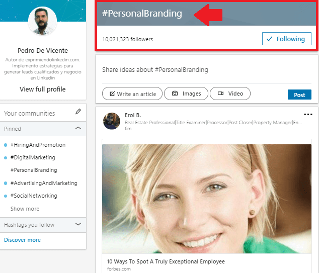 Mejoras en el perfil Linkedin uso de hashtags 2