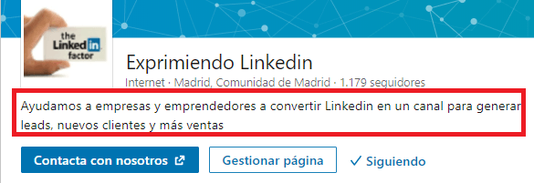 La página de empresa en Linkedin El lema