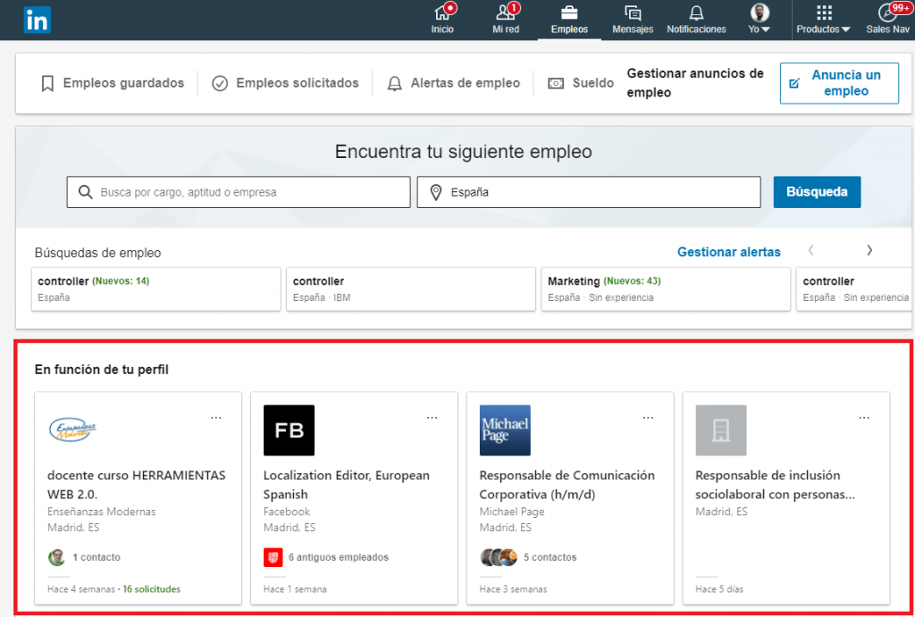 Linkedin empleos En función de tu perfil