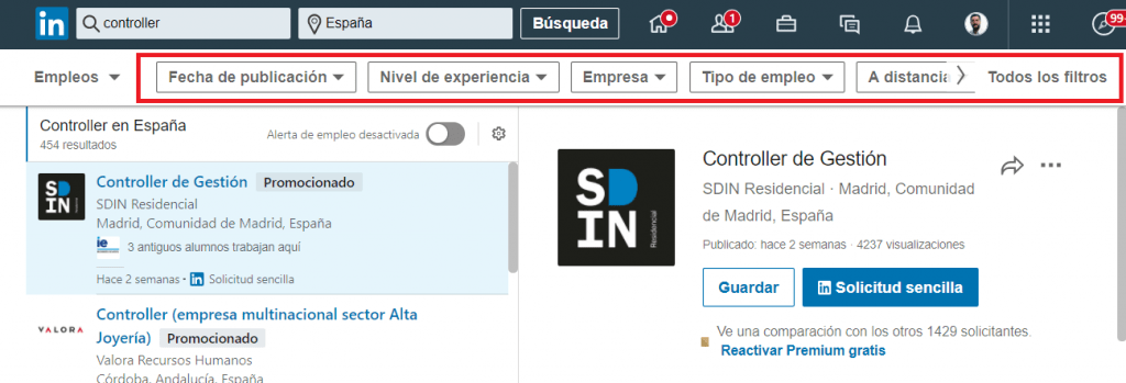 Linkedin empleos filtros de búsqueda