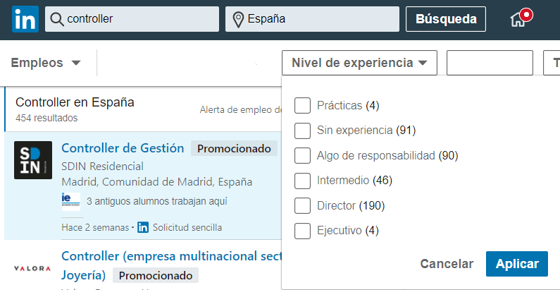 Linkedin empleos nivel de experiencia