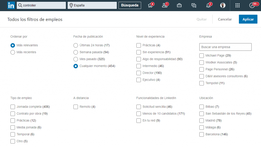 Linkedin empleos todos los filtros