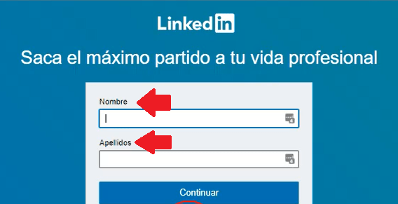 Crear cuenta en Linkedin - Nombre y apellido