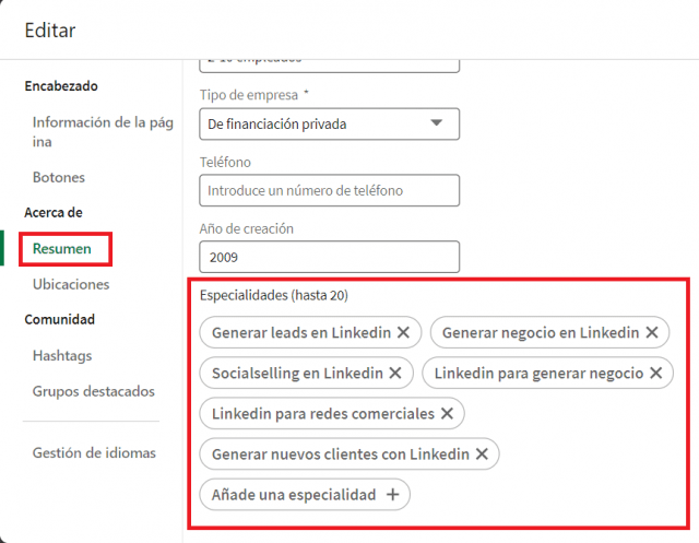 palabras clave descripción linkedin empresas