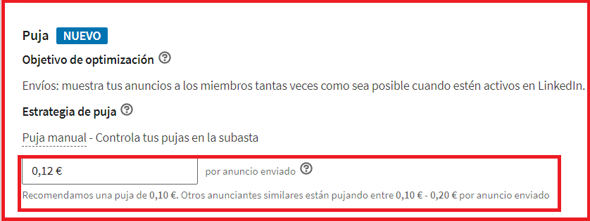 Ventajas campañas mensajes Inmail en Linkedin - la puja