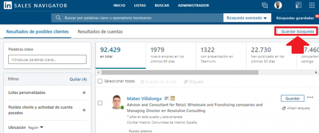 Linkedin sales navigator - guardar búsquedas