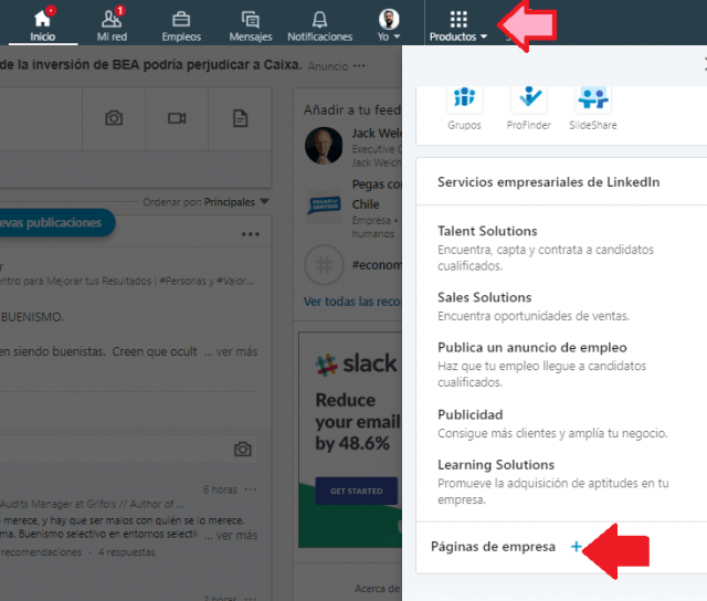 Botón para Crear la página de empresa en Linkedin