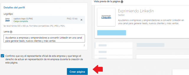 Crear la página empresa Linkedin confirmar