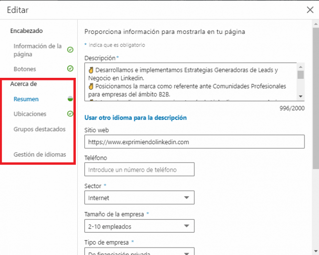 La página de empresa en Linkedin - Acerca de 1