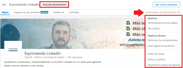 La página de empresa en Linkedin - Herramientas de administrador